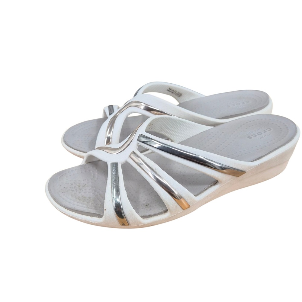Crocs Dual Comfort Wedge Sandals Womens 9 White Metallic Silver Gold Slides